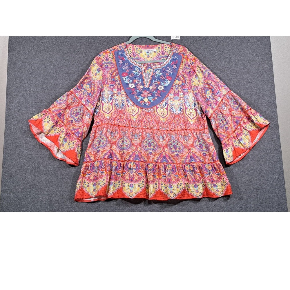 John Mark Womens 1X Paisley Floral Embroidered Bib Tiered Bell Sleeve Tunic Top